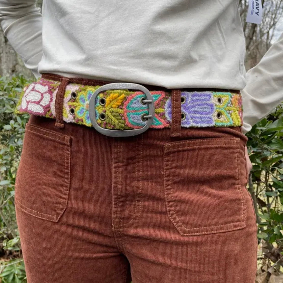 Folklorica Floral Embroidered Wool Belt, Olive