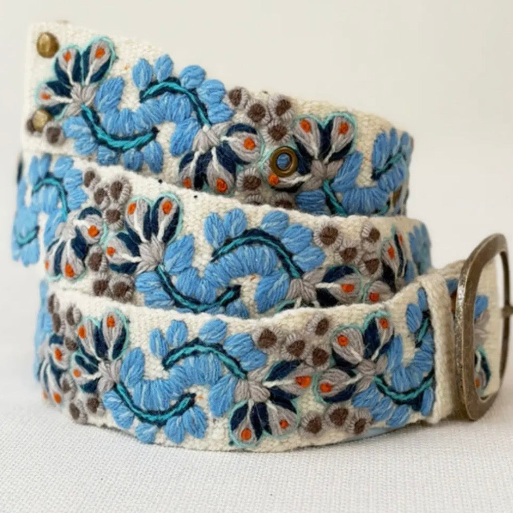 Blue Serenade Embroidered Wool Belt