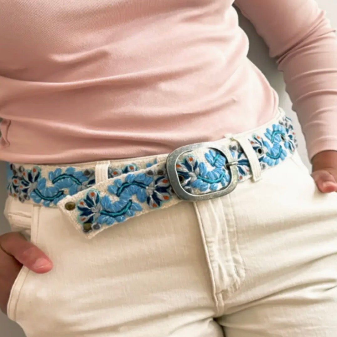 Blue Serenade Embroidered Wool Belt