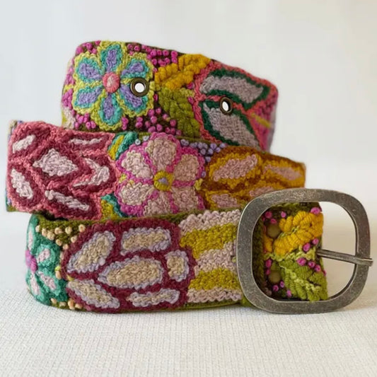Folklorica Floral Embroidered Wool Belt, Olive